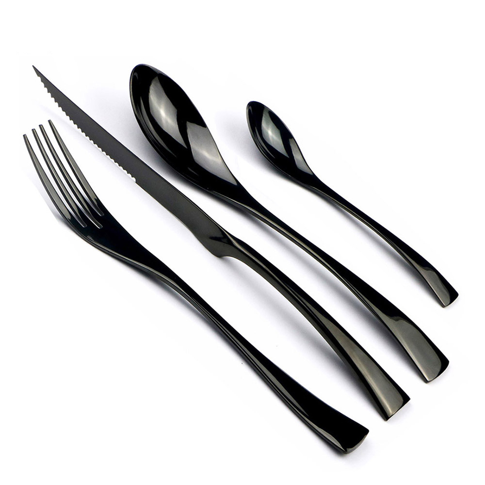 Commercial Kitchen Knives - 4 ชิ้น 18/10 สแตนเลสสตีลชุด Flatware สีดำอาหารเย็นมีดสเต็กช้อนส้อมช้อนชาช้อนส้อมชุดอาหาร