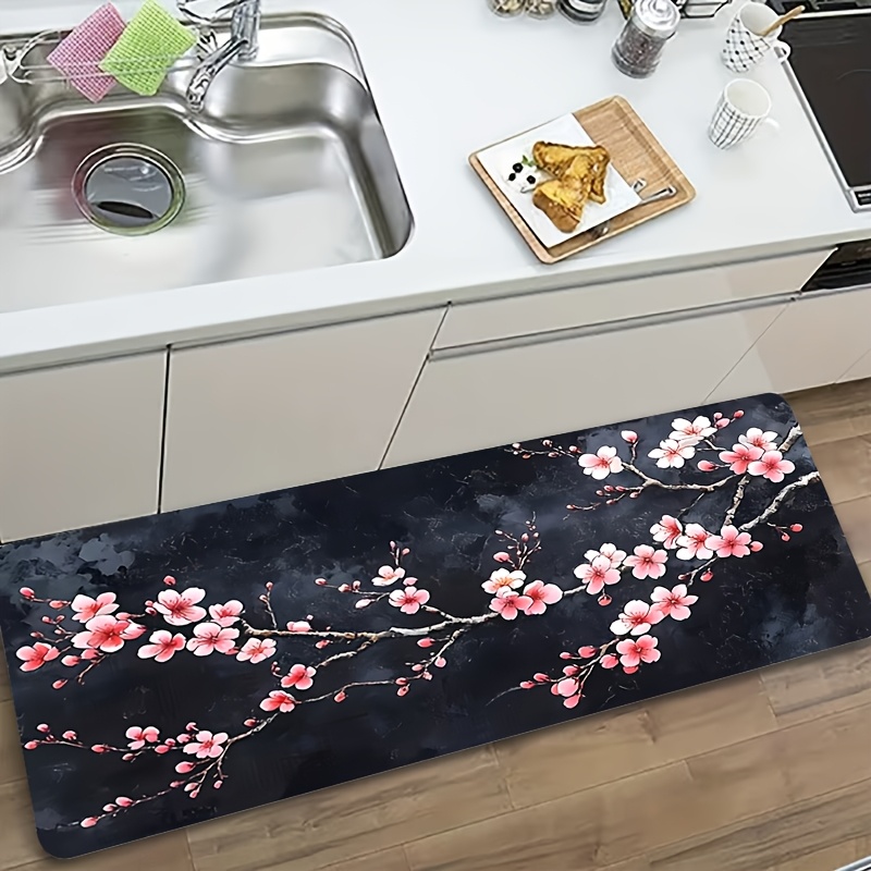 Commercial Kitchen Background - พรมปูพื้นห้องครัวลายหินอ่อนสีดำ พิมพ์ลายกิ่งซากุระสีชมพู กันลื่น กันน้ำ สำหรับพื้นที่อ่างล้างจาน