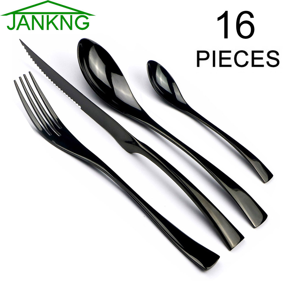 Commercial Kitchen Knives - JANKNG 16Pcs สแตนเลสสตีลชุดอาหารเย็นสีดำ Set Peralatan Makan