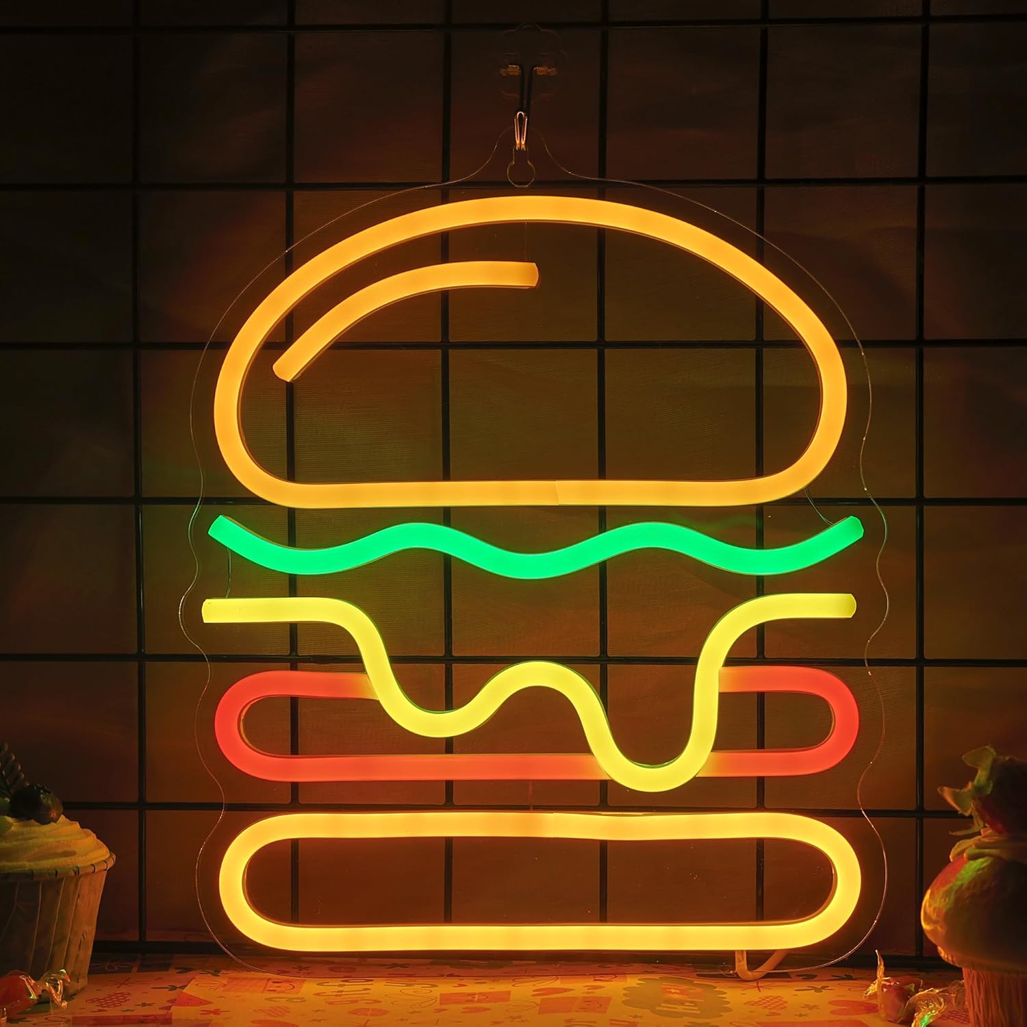 Commercial Kitchen Walls - ป้ายไฟนีออนรูปเบอร์เกอร์พร้อมไฟ LED ชีสซ้อนชั้น สำหรับตกแต่งผนังร้านอาหารฟาสต์ฟู้ด บาร์ ตกแต่งบ้าน