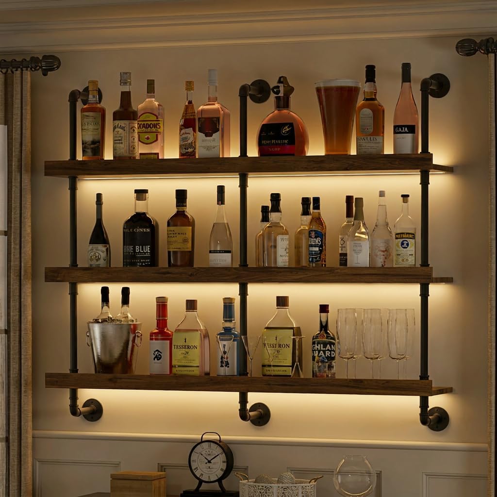 Commercial Kitchen Lighting - ชั้นวางไวน์ติดผนังพร้อมไฟ LED แบบสามชั้น ชั้นวางลอยสำหรับจัดแสดงและเก็บขวดเหล้า ที่วางไวน์สไตล์โมเดิร์นสำหรับห้องครัว บาร์ในบ้าน