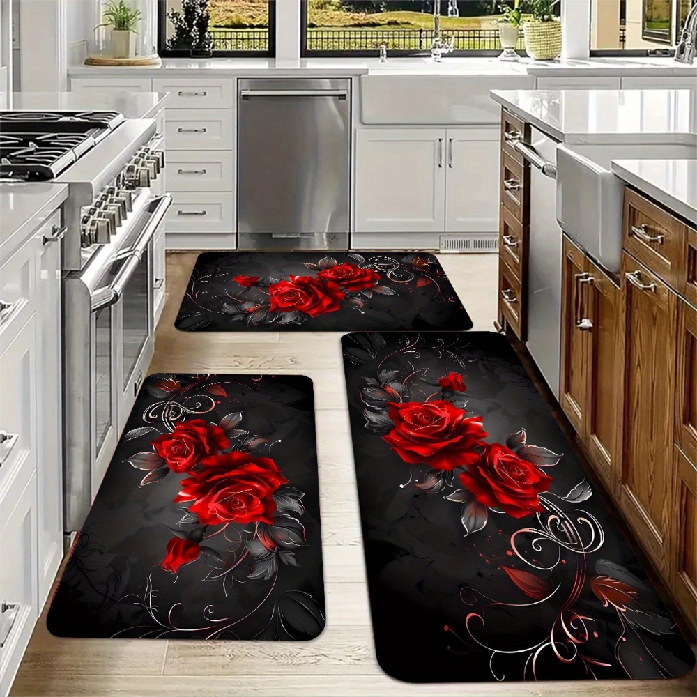Commercial Kitchen Background - ชุดพรมครัวพื้นหลังสีดำลายดอกกุหลาบสีแดงพรมปูพื้นกันลื่นลายดอกไม้สำหรับห้องครัวห้องโถงตกแต่งบ้านโรแมนติก